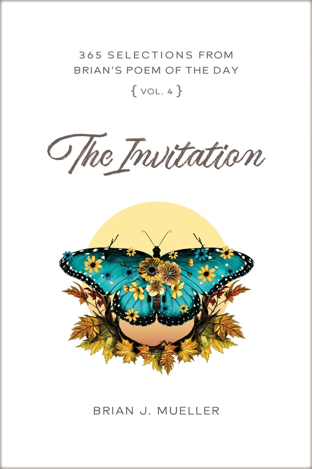 Cover of The Invitation by Brian J. Mueller, with a blue butterfly, flowers and autumn leaves